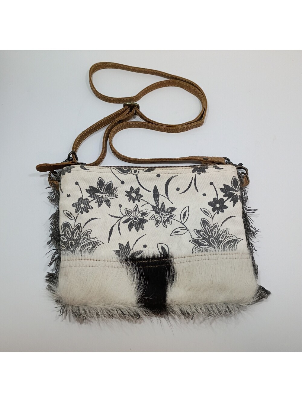 Myra Bag Canvas Gray Floral Crossbody Purse Fur Cowhide Fringe Black White Small